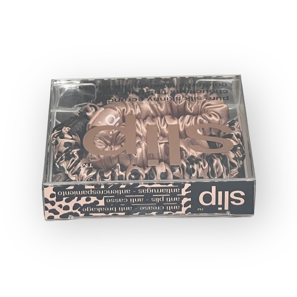 new Slip 𖦹 Bombshell Skinny Silk 2 Scrunchie Set 𖦹 Rose Gold Leopard 𖦹 Gift - Picture 11 of 16